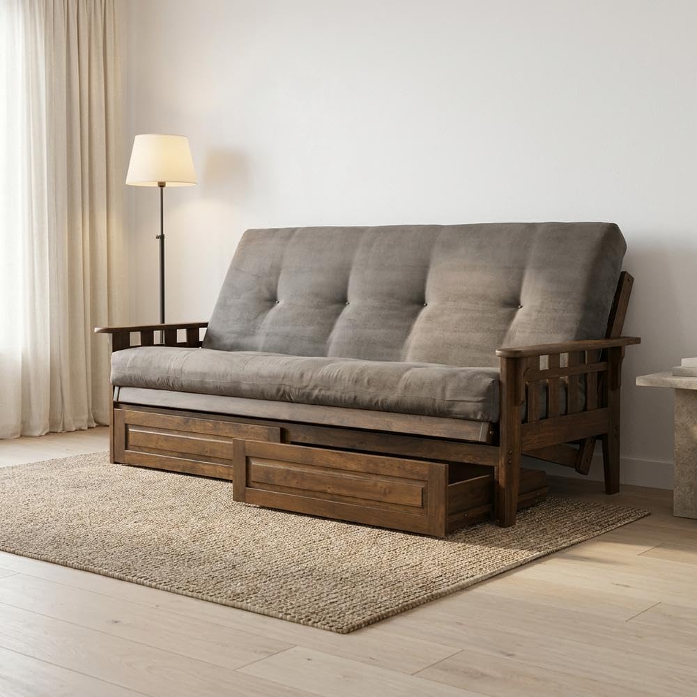 Kodiak Furniture Tucson Full Futon Set in Rustic Walnut Finish with Storage D...