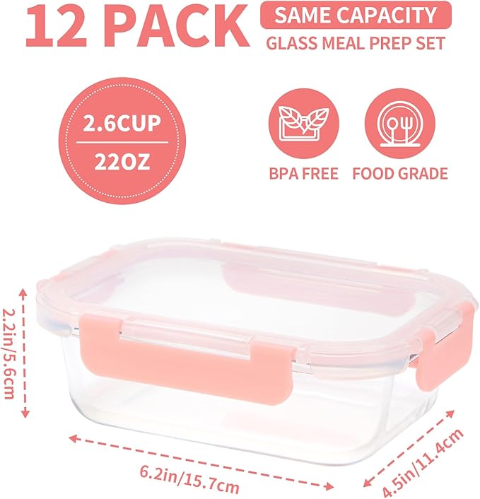 GULFLIN Glass Meal Prep Containers 12-Pack, 22oz Glass Food Storage Containers - Image 2