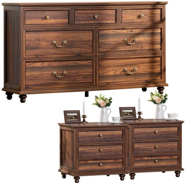 Joaxswe Farmhouse Dresser and Nightstand Set - 3 Piece, 54" Wide Dresser...