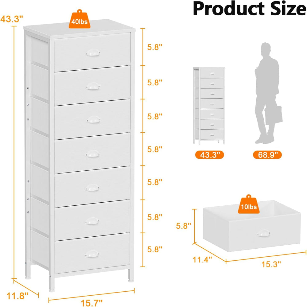 White Tall Dresser for Bedroom, Chest of Drawer with Fabric Drawer