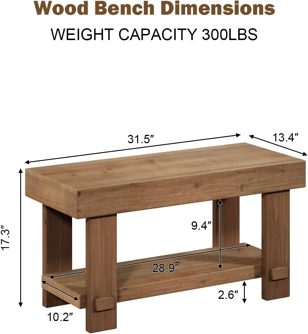 31.5" Solid Wood Bench, Small Farmhouse Narrow Storage Bench, Natural | with Storage Shelf, Rustic, Easy Assembly, for Indoor, Entryway, Dining Room, Living Room and Hallway