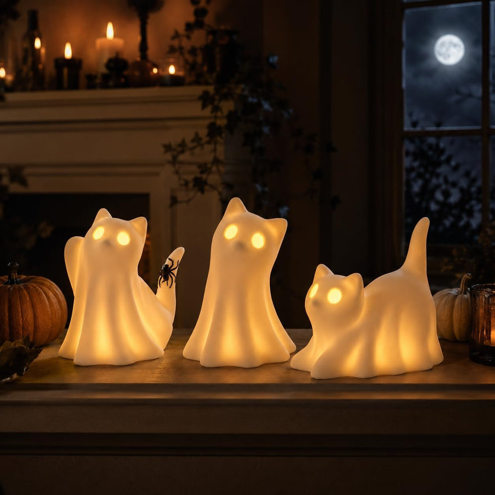 3PCS Ceramic Ghost Cat Light Up Decor Cat Ghost Halloween Decor