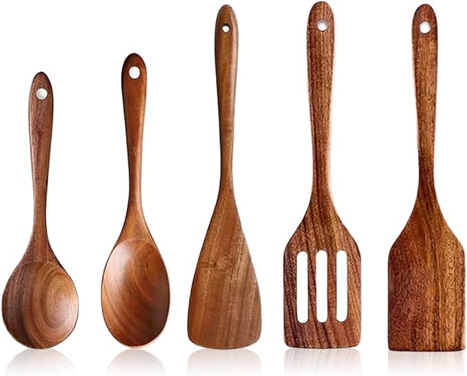 5 PCS Wooden Cooking Utensils Set, Kitchen Utensils Set, Wooden Spoons by KEJJRIUTN