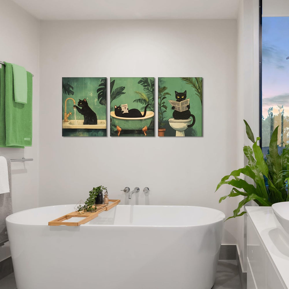 Funny Bathroom Black Cat Wall Art Set of 3, Whimsical Animal Bathroom Wall De...
