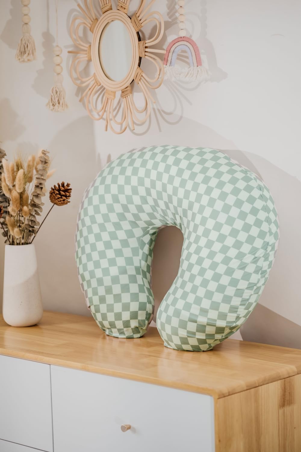 Little Jump Nursing Pillow Cover, Coffee & Green Checkered, 2 Pack | Stretchy and Soft, For Breastfeeding Pillows, Comfortable Slipcover, For Baby Boy and Girls