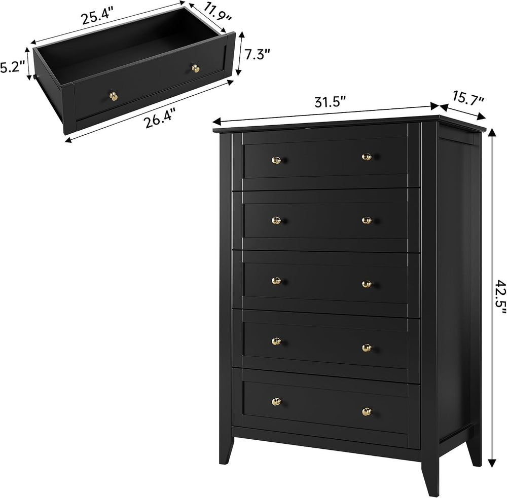 GarveeHome 5 Drawer Dresser for Bedroom, Black Tall Chest Deep Drawers