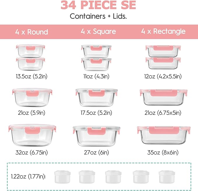 34pcs Glass Food Storage Containers