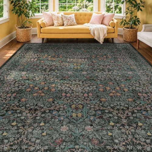 Floral Dark Green Washable Area Rugs 8x10, Vintage Living Room Rug