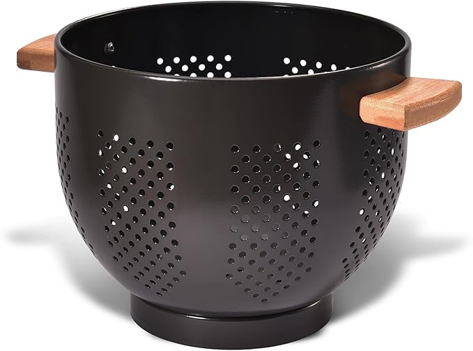 Metal Colander with Wood Handle and Stable Base, Powder Coated Steel Kitchen
