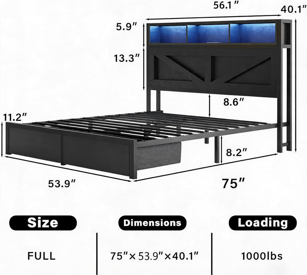 Farmhouse Full Bed Frame with Storage Bookcase Headboard & Drawers, Black