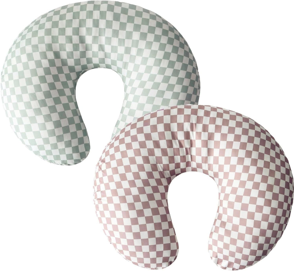 Little Jump Nursing Pillow Cover, Coffee & Green Checkered, 2 Pack | Stretchy and Soft, For Breastfeeding Pillows, Comfortable Slipcover, For Baby Boy and Girls