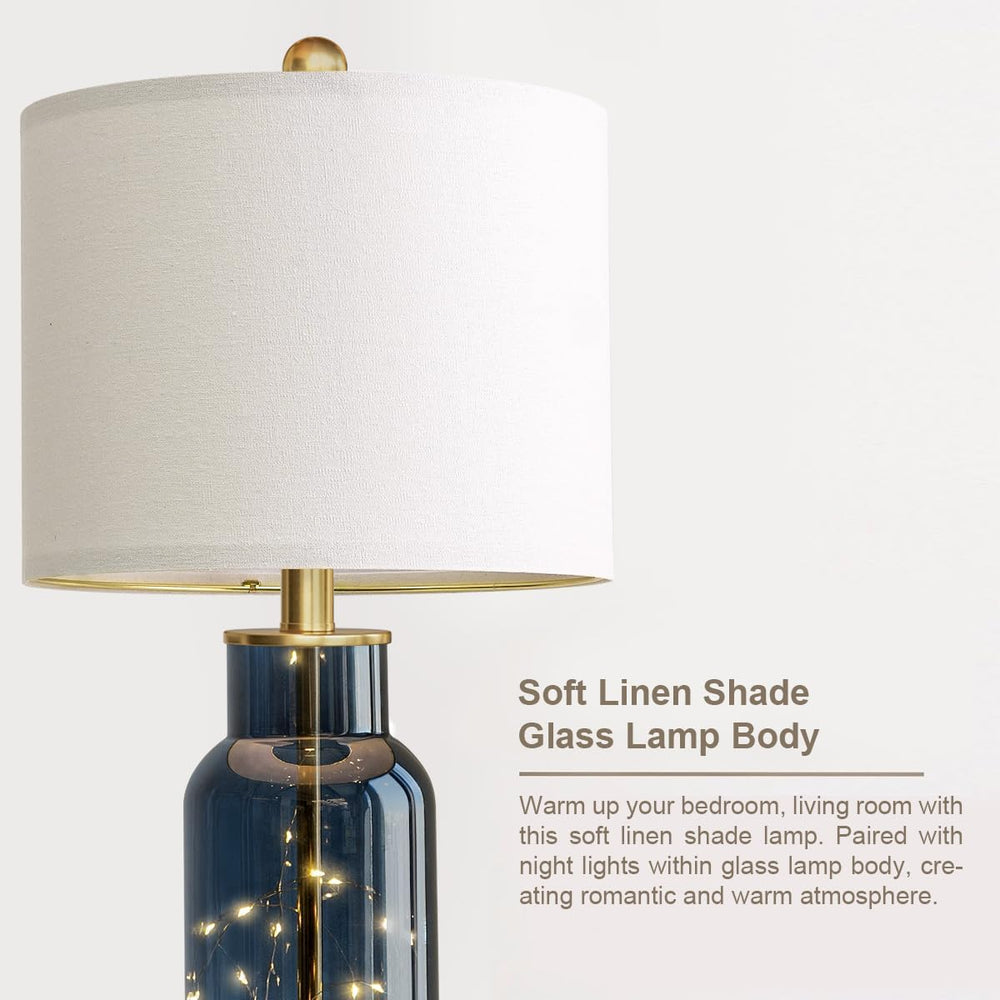 22" Glass Table Lamps Set of 2 with LED Nightlight for Bedroom, Blue
