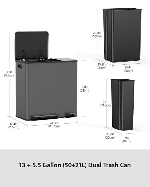 Lovewind Double Trash Can Kitchen, 13+5.5 Gallon Stainless Steel Dual Trash and - Image 7
