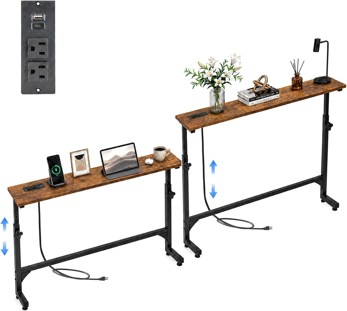 2Pack Behind Couch Table w/Charging Station Narrow Console Table | Adjustable Height(23.6"-31.9"), 5.9"Wx78.8"L, Slim Long Sofa Table, 2 Power Outlets, for Living Room, Entryway, Rustic Brown