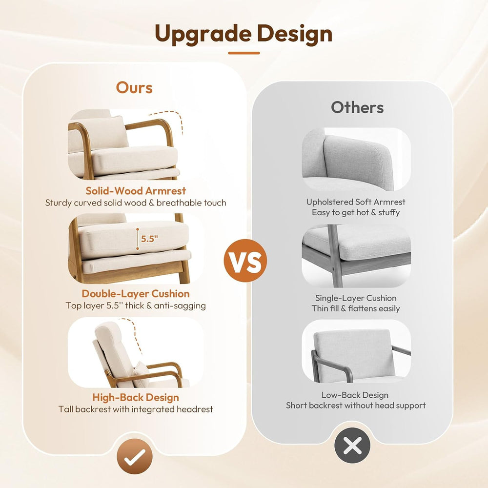 Bonnlo High Back Linen Beige Mid Century Modern Accent Chair, Soild Wood Padd...