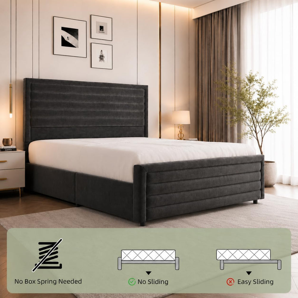 REVOMINCA Full Size Bed Frame with Velvet Upholstered Headboard,Black