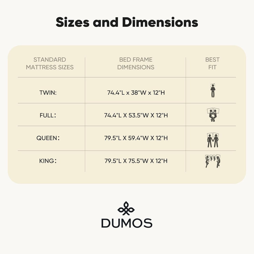 DUMOS Solid Wood Full Size Bed Frame, 12inch, 700LBS