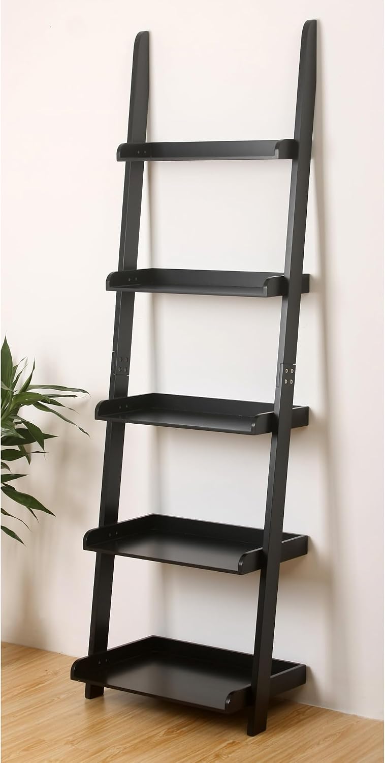 Modern 5 Tier Leaning Wall Ladder Bookshelf, Black, 70 Inches | Storage Rack,...