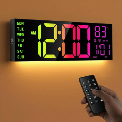 JALL 16" Large Digital Wall Clock with RGB Colors for Classroom, Wall Clock with Bluetooth for Time Set, Digital Clock with Temperature Timer Dual Alarm, Classroom Decor for Teacher Student, Black