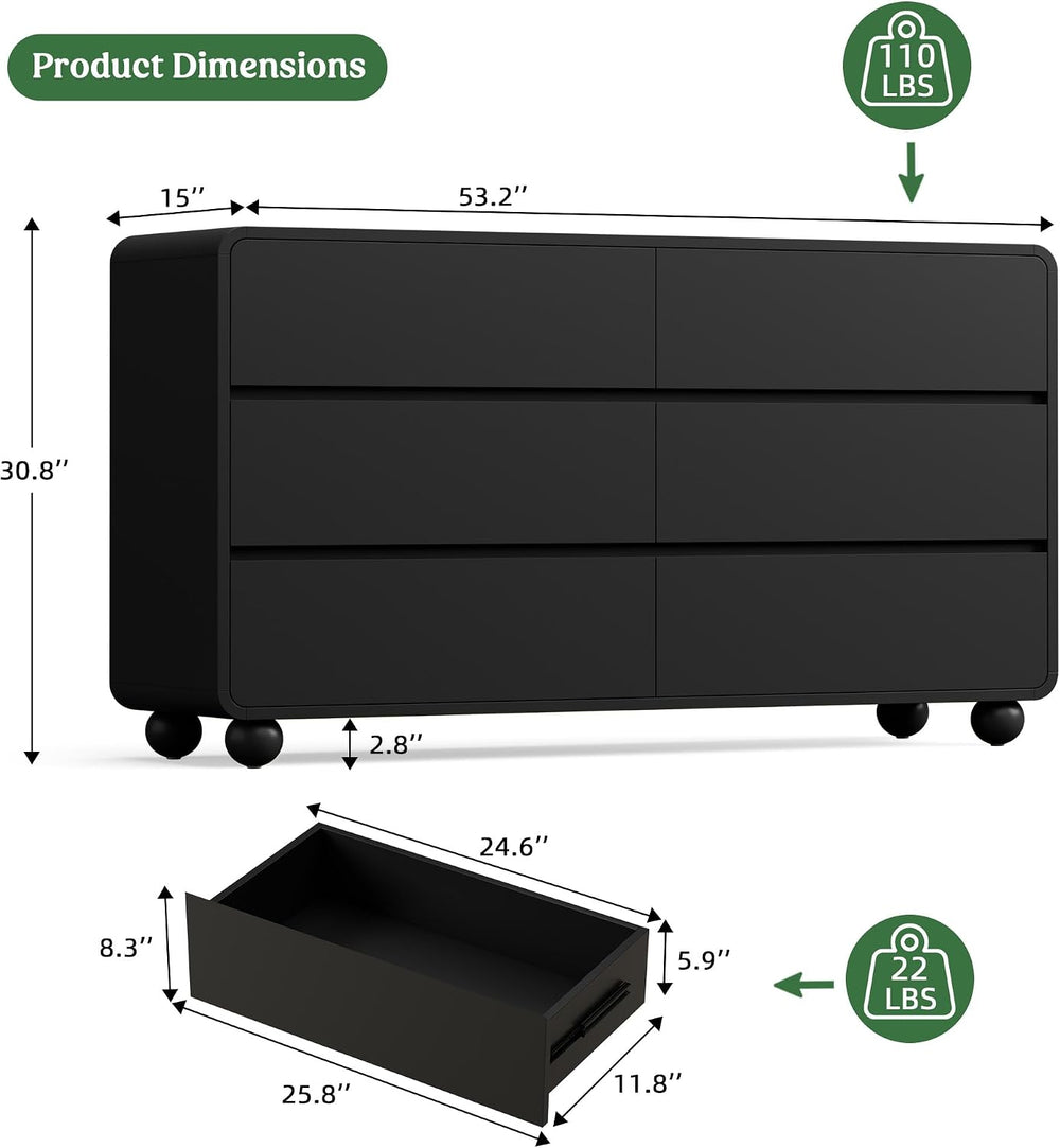 6 Drawer Dresser for Bedroom, 55" Wide Chest of Drawers, Black
