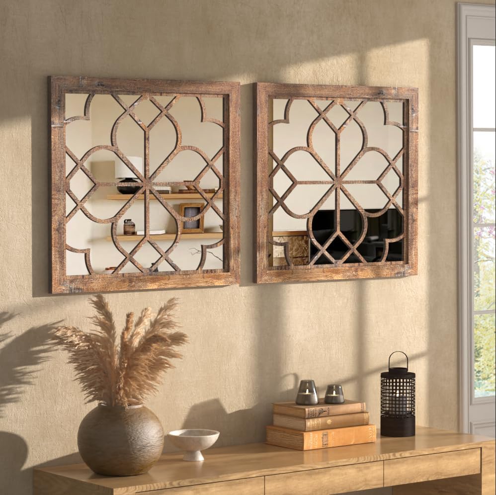 Set of 2 18 Inch Large Square Maroon Window Pane Wall Mirrors, Shatterproof R...