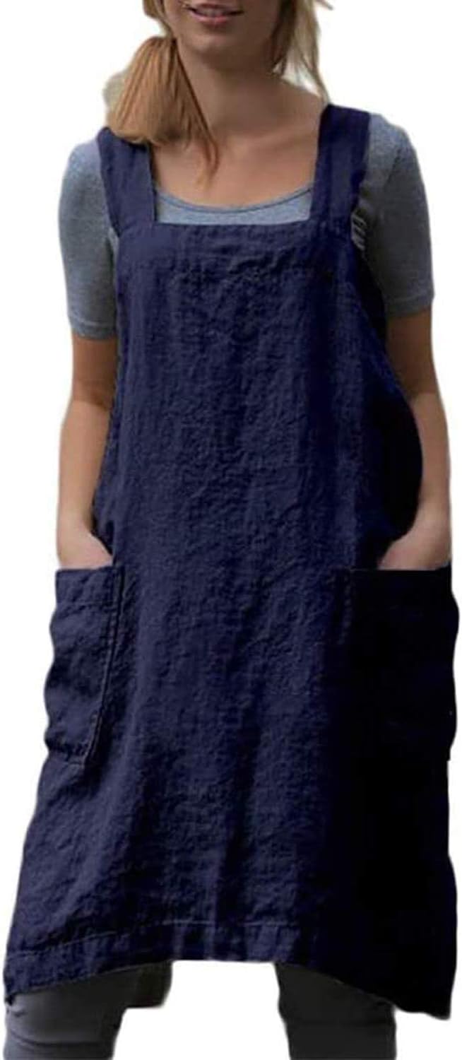 VLZUFE Cotton Linen Apron for women Cross Back Apron Pinafore Dress for Baking by Unknown