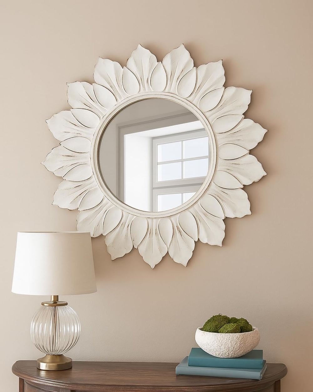 Sunflower Sunburst Wall Mirror, 22" Distressed White Wooden Frame