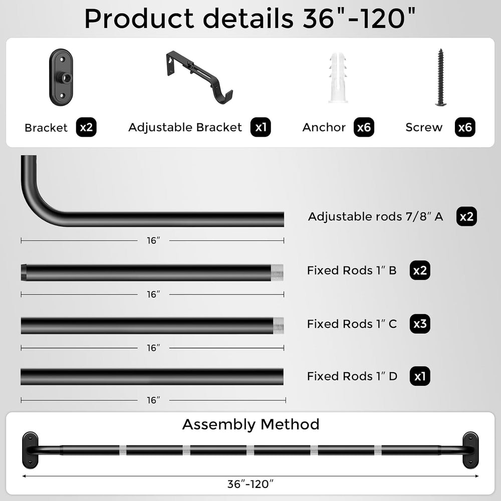 Curtain Rod 36-120 Inch, Black Heavy Duty Curtain Rods for Windows