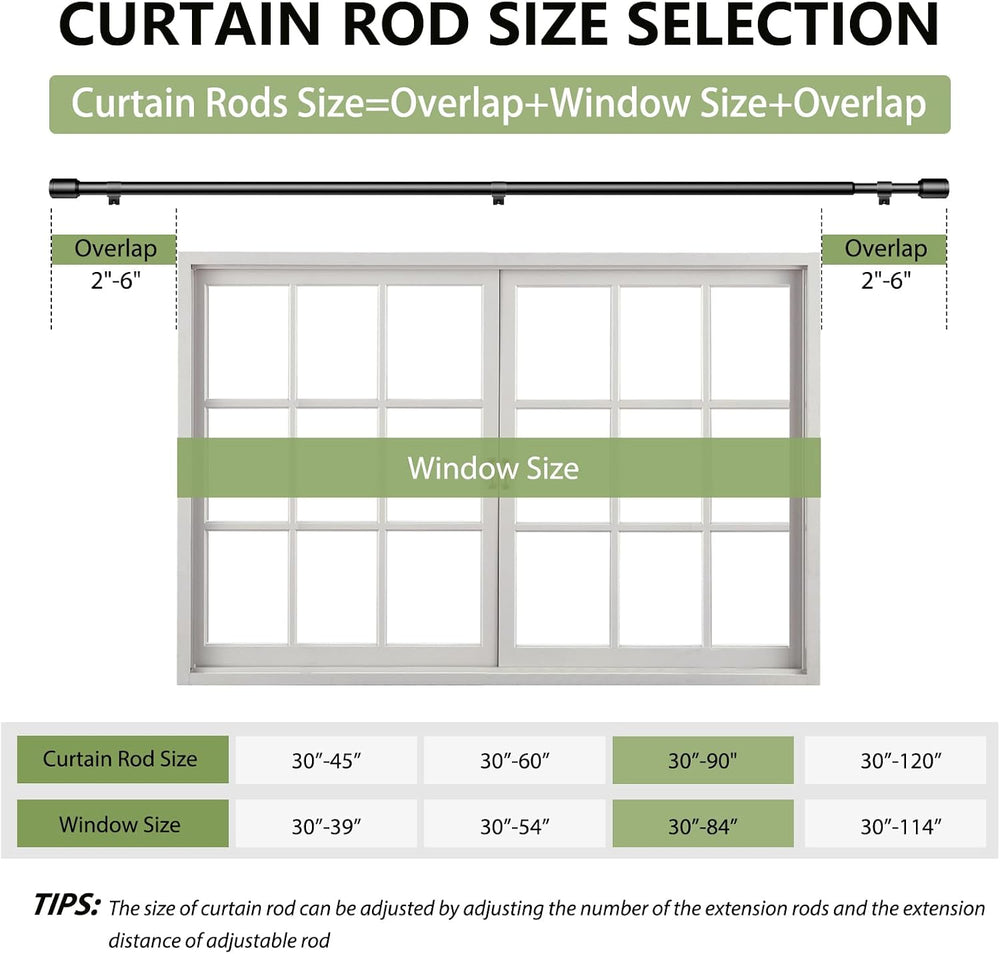 Curtain Rods 30-90 Inch, Adjustable Black Curtain Rods for Windows 4 Pack