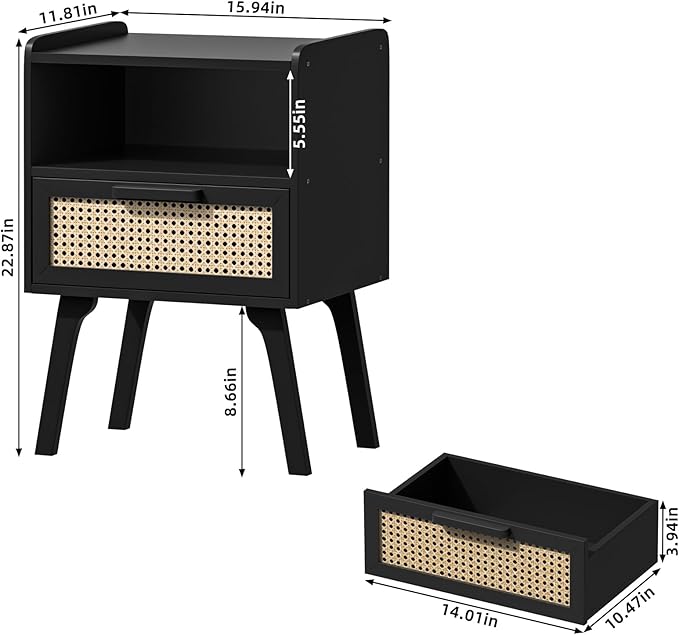 Lerliuo Rattan Nightstands Set of 2, Bedside Table with Drawer Open Shelf, Ca...