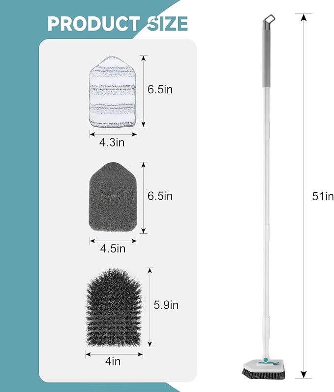 nacena Shower Scrubber with Long Handle, 3 in 1 Tile Tub Scrubber Brush with 3 - Image 2