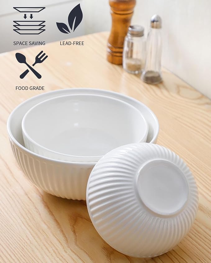 HASENSE Ceramic Ribbed Nesting White Bowls 1.5/1/0.5 Qt
