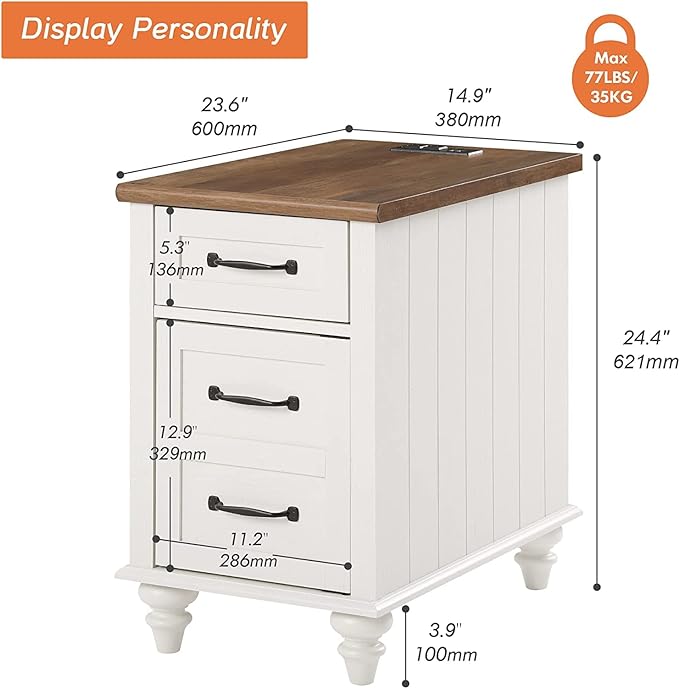 WAMPAT 2 Pack Off White End Table with Charging Station, Wood Side Sofa Table...