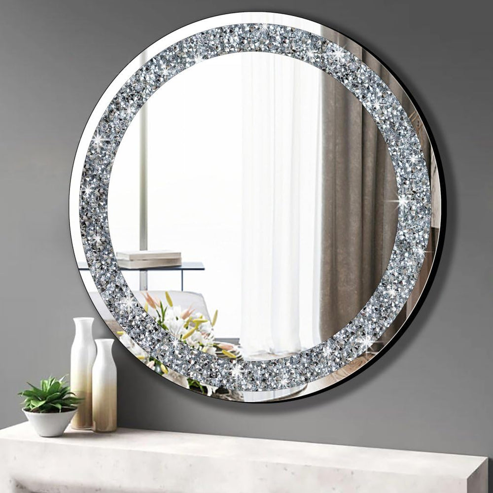 QMDECOR Round Wall Mirror 28x28 inch Crystal Crush Diamond Decor for Home Dec...