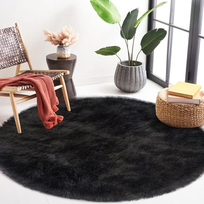 Latepis Black Faux Fur Round Rug 6.7ft Shag Sheepskin Rug - Image 7