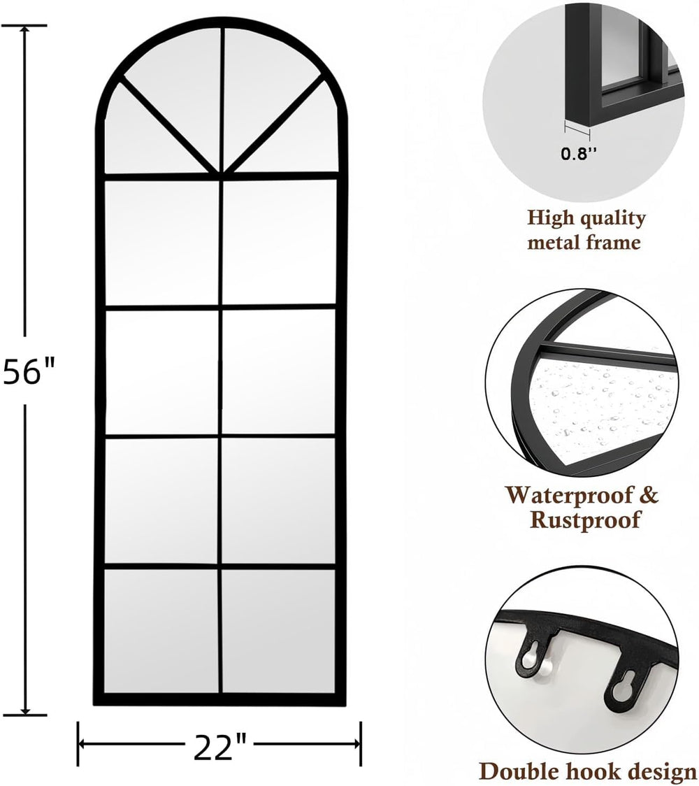 Floor Full Length Mirror, Arch Top Window Pane Mirror, 56"x22" Black