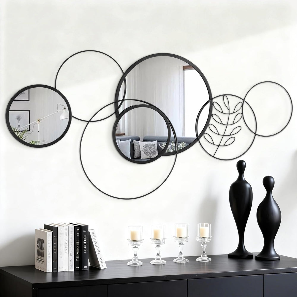 Black Round Wall Mirror Set, Metal Framed Circle Mirror Set Modern Decorative...