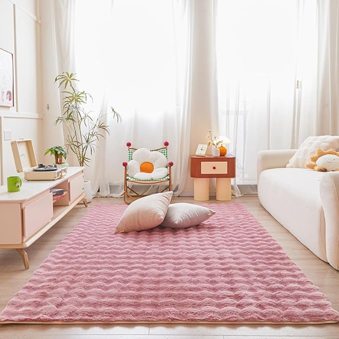 Pink Rabbit Plush Rug 5'x8', Fluffy Faux Fur Shaggy Area Rug by CHOVY