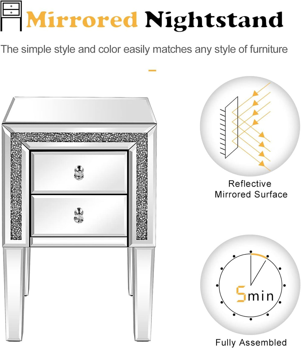 VINGLI Mirrored Nightstand Set of 2 Silver Glass Sofa/Couch Side Tables Bedro...
