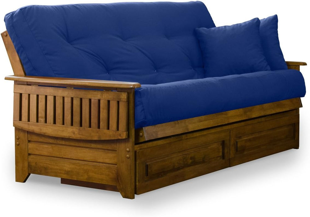 Brentwood Tray Arm Futon Frame, Drawers, and Royal Blue Mattress Set - Queen,...