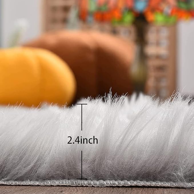 ORINOVA Silver Grey Plush Faux Sheepskin Fur Area Rugs - Image 2