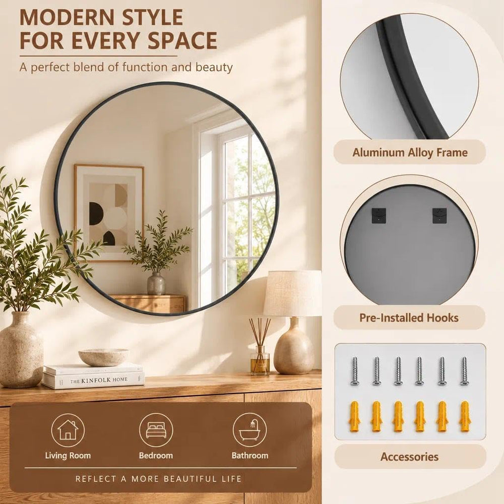 BEAUTYPEAK 20 Inch Round Mirror, Metal Frame Circle Mirror, Black