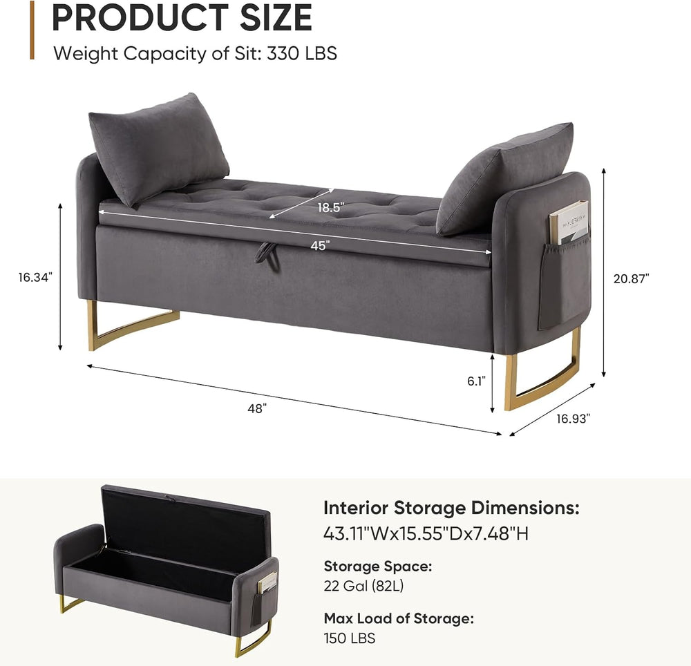 48" End of Bed Bench, Modern Storage Bench for Bedroom Dark Grey
