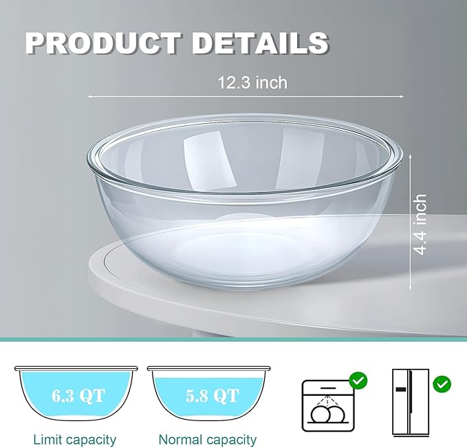6.3 Qt Large Glass Mixing Bowl, 12.3" Clear Glass Salad Cooking Bowls - Image 3