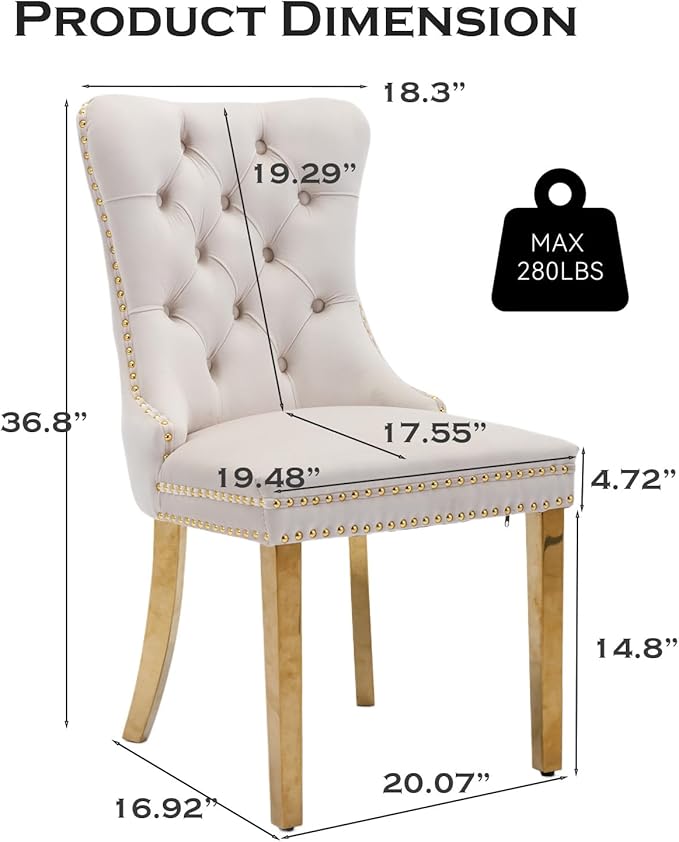 Velvet Upholstered Dining Chairs Set of 4, Modern Style Kitchen Side Chairs w...