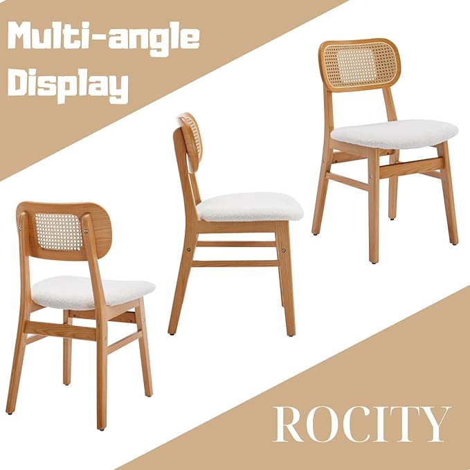 Rattan Dining Chairs Set of 2 White Lambswool Dining Room Chairs Natural Wood...