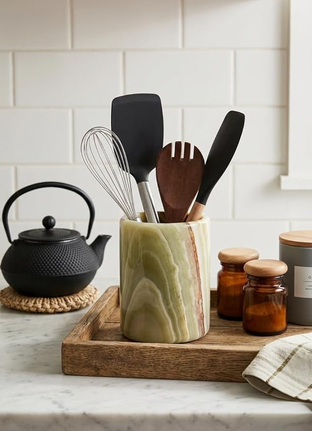Marble Utensil Holder 6.5 Inch Green Wooden Cooking Utensils Set & Spatula - Image 2