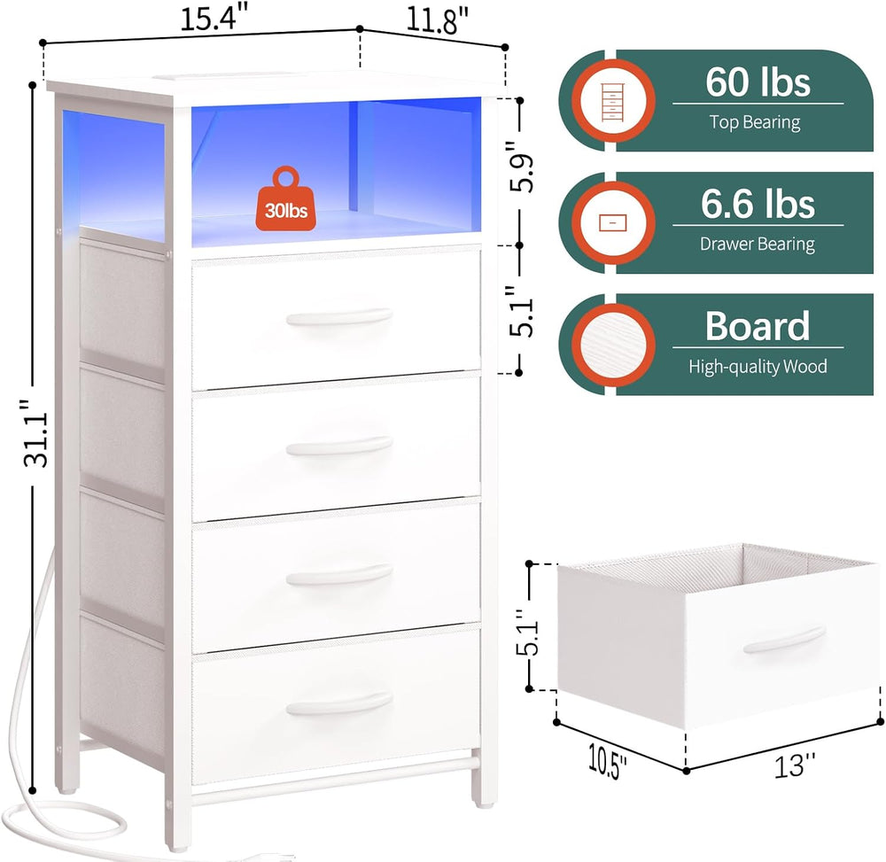 Yoobure Night Stand - LED White Nightstand with Charging Station, Bedside Tab...