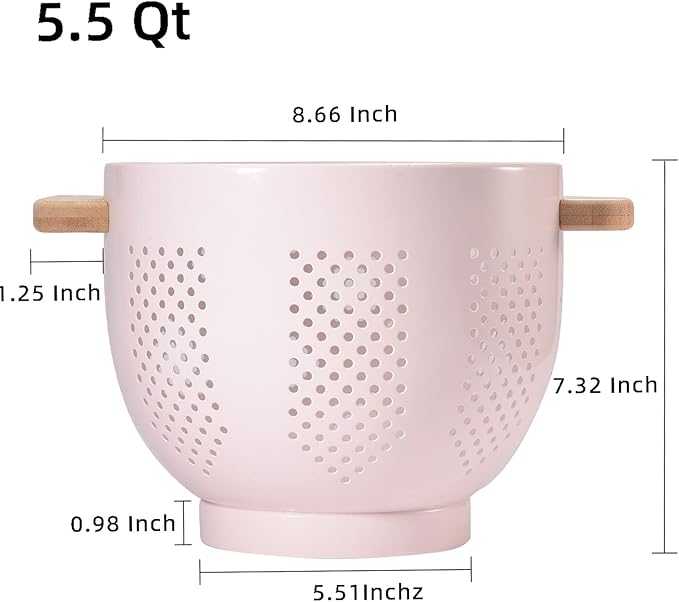 Metal Colander with Wood Handle and Stable Base, Powder Coated Steel Kitchen - Image 2