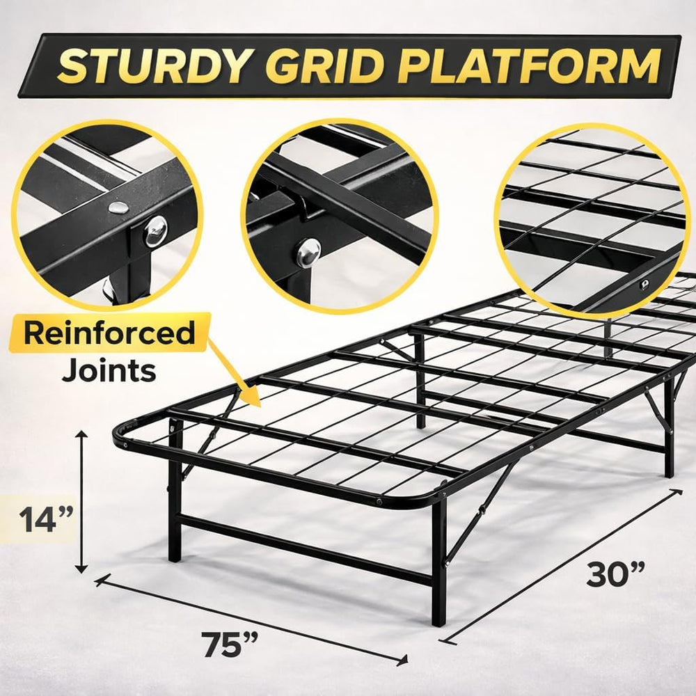Greaton, 14-Inch Foldable Metal Platform Bed Frame with Tool Free Setup, Stur...